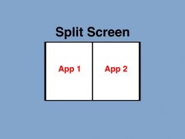 Words: Split Screen, centered above two white rectangles, with word "App 1" in center of left rectangle and "App 2" in center of right rectangle.