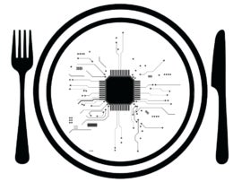A logo of a stylized circuit board on a plate. On either side are a fork and knife.