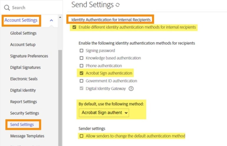 Adobe Sign security configuration. Image: Adobe