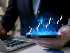 Business hand holding chart growth rate and growing arrow.