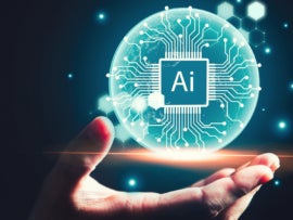 Virtual AI chip with businessman hand background.