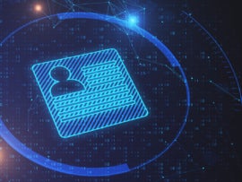 Panoramic glowing personal information card on dark blue background with binary code and mock up place.