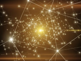 Growing global network and data connections flying in technology space.