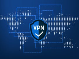 Virtual blue shield with VPN inscription and checkmark over a digital world map.