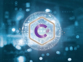 C sharp sign and server room background.