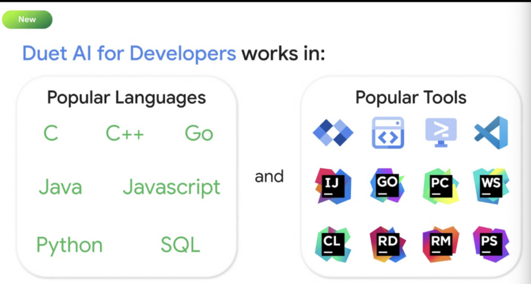 Programming languages and tools supported by Duet AI for Developers.